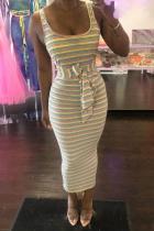 Stripe Sexy Fashion Spaghetti Strap Sleeveless Slip Sheath Ankle-Length bandage Striped asymmetri