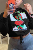 Red Street Print Hooded Collar Mid Waist Tops