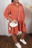 Orange Fashion Casual Solid Basic Turndown Collar Shirt Dress
