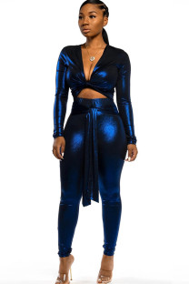 Blue street Solid Patchwork Chemical fiber blend Long Sleeve V Neck 