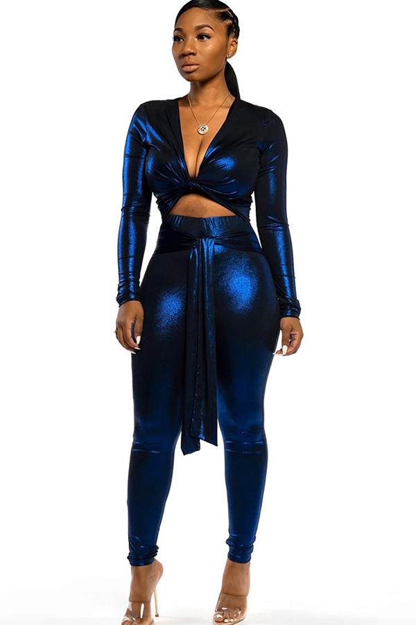 Blue street Solid Patchwork Chemical fiber blend Long Sleeve V Neck 
