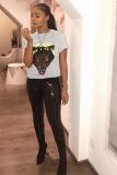 White O Neck Short Sleeve Patchwork Print Animal Prints Tees & T-shirts
