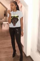 White O Neck Short Sleeve Patchwork Print Animal Prints Tees & T-shirts