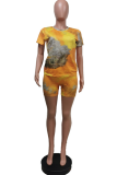 Yellow Casual Print Patchwork O Neck Short Sleeve Two Pieces
