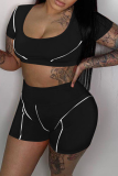 Tangerine Red Sportswear Solid Patchwork U Neck Short Sleeve Two Pieces