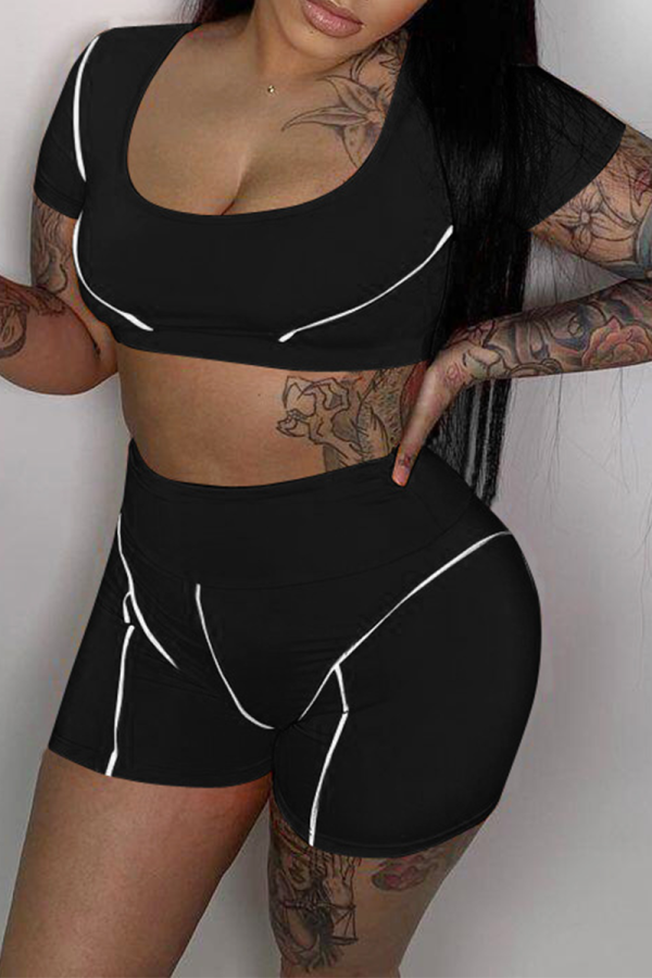 Black Sportswear Solid Patchwork U Neck Short Sleeve Two Pieces