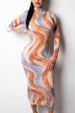 Green Sexy Milk Fiber Print O Neck Long Sleeve Ankle Length Pencil Skirt Dresses
