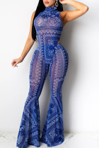 Blue Network Sexy Print Mesh perspective HOLLOWED OUT Boot Cut Sleeveless Two Pieces