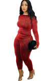 Red Casual Print Two Piece Suits pencil Long Sleeve