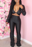 Yellow OL Solid Draped crop top Boot Cut Long Sleeve Two Pieces