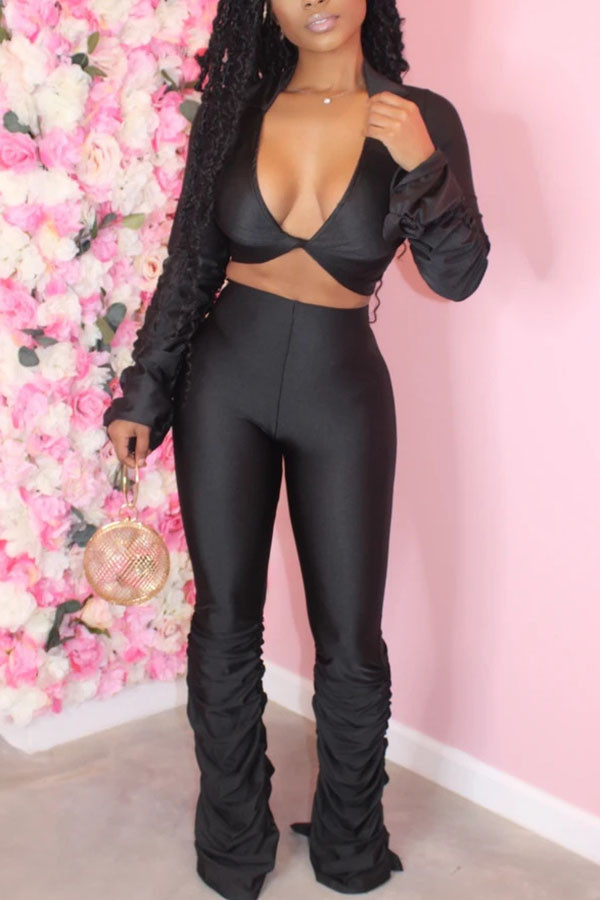 Black OL Solid Draped crop top Boot Cut Long Sleeve Two Pieces