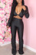 Black OL Solid Draped crop top Boot Cut Long Sleeve Two Pieces