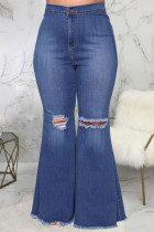 Dark Blue Sexy Solid Ripped Plus Size Jeans