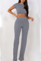 Grey Casual Solid Patchwork O Neck Short Sleeve Two Pieces