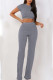 Grey Casual Solid Patchwork O Neck Short Sleeve Two Pieces