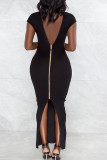 Grey Sexy Solid Patchwork Backless Slit Zipper V Neck Pencil Skirt Dresses