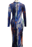 Blue Sexy Print Patchwork Half A Turtleneck Pencil Skirt Dresses