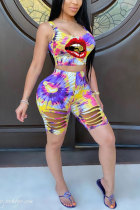 Blue Fashion Casual adult Patchwork Print Tie Dye Burn-out Two Piece Suits Lips Print pencil Sleeveless Two Pieces