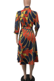 Red Casual Print Patchwork Turndown Collar Printed Dress Dresses