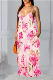 Pink Sexy Print Patchwork Spaghetti Strap Straight Dresses