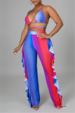 Yellow Fashion Sexy Print Backless Strap Design Halter Sleeveless Three-piece Set