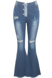 Blue Denim Button Fly Zipper Fly High Solid Zippered Pocket Boot Cut Pants 