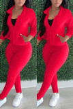 Red Fashion Sexy Adult Patchwork Solid Patchwork Turndown Collar Long Sleeve Regular Sleeve Regular Two Pieces