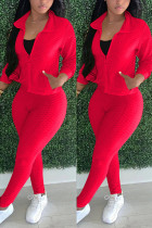 Red Fashion Sexy Adult Patchwork Solid Patchwork Turndown Collar Long Sleeve Regular Sleeve Regular Two Pieces