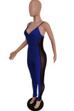 Blue Fashion street Patchwork Mesh Solid Sleeveless V Neck Jumpsuits