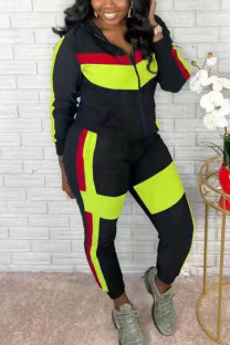 Fluorescent green Casual Patchwork Zipper Collar Long Sleeve Two Pieces