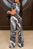 Black And White Sexy Print Patchwork V Neck Short Sleeve Two Pieces