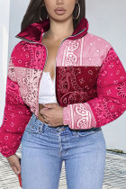 Rose Red Fashion Casual Print Cardigan Outerwear（Batch Printing，Irregular Printing）