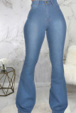 Light Blue Denim Zipper Fly Mid Solid washing Boot Cut Pants Bottoms
