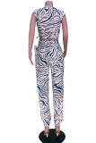 Blue Fashion Casual Print Basic O Neck Sleeveless Two Pieces