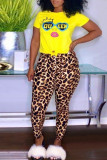 Yellow Fashion Casual Print Basic O Neck Short Sleeve Two Pieces