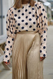 Apricot O Neck Puff sleeve Dot Patchwork Print asymmetrical Tops