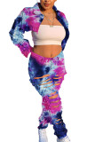 rose red and blue Casual Print Tie-dye Turndown Collar Outerwear