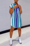 Deep Blue Fashion Casual Striped Print Basic Turndown Collar Shirt Dress