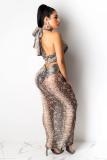 serpentine Sexy Fashion adult Leopard Two Piece Suits asymmetrical Print Mesh pencil Sleeveless
