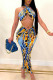 Yellow And Blue Sexy Print Bandage Patchwork Frenulum Fold Halter Sleeveless Two Pieces