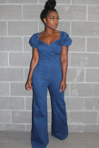 Light Blue Casual Backless Solid Chemical fiber blend Sleeveless V Neck 