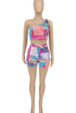 Purple Street Geometric Print Patchwork Oblique Collar Sleeveless Two Pieces