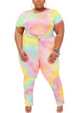 Blue Fashion Casual adult Ma'am O Neck Tie Dye Two Piece Suits Plus Size