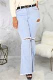 Dark Blue Fashion Casual Solid Ripped Without Belt Plus Size Jeans
