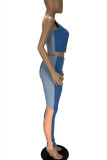 Blue Fashion Casual Patchwork Basic O Neck Sleeveless Two Pieces