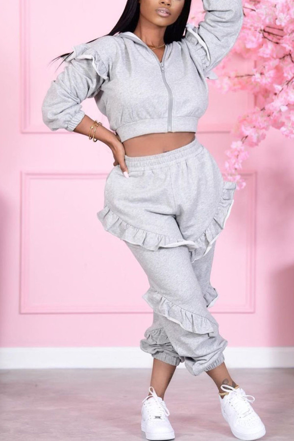 Grey Sexy Solid Patchwork Zipper Collar Long Sleeve Two Pieces