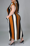 Brown Fashion Casual Plus Size Striped Print Slit V Neck Short Sleeve Dress