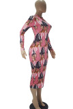 Yellow Fashion Casual Adult Print Patchwork O Neck Long Sleeve Knee Length A Line Dresses
