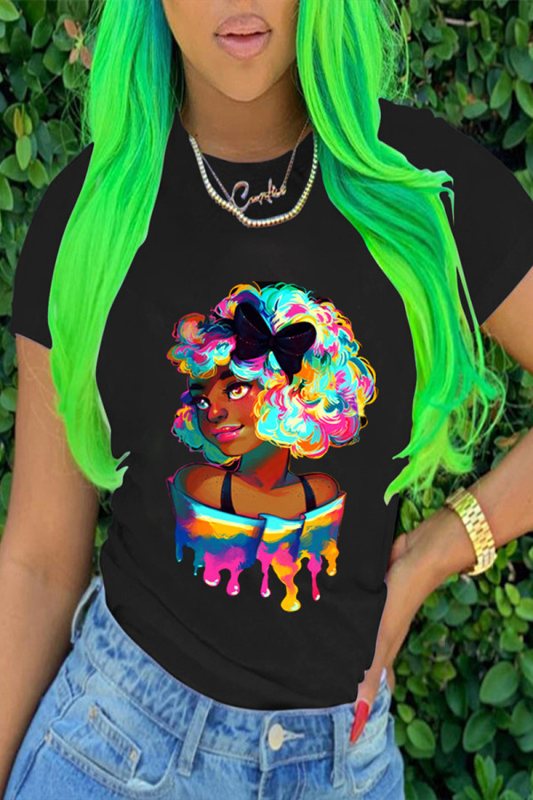Black Fashion Casual Print Basic O Neck T-Shirts
