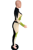 Green England Patchwork Zippered Straight Long Sleeve Two Pieces